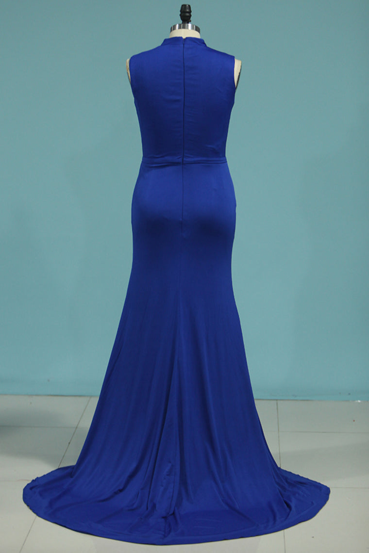 2024 Mermaid High Neck Spandex With Slit Evening Dresses Sweep Train