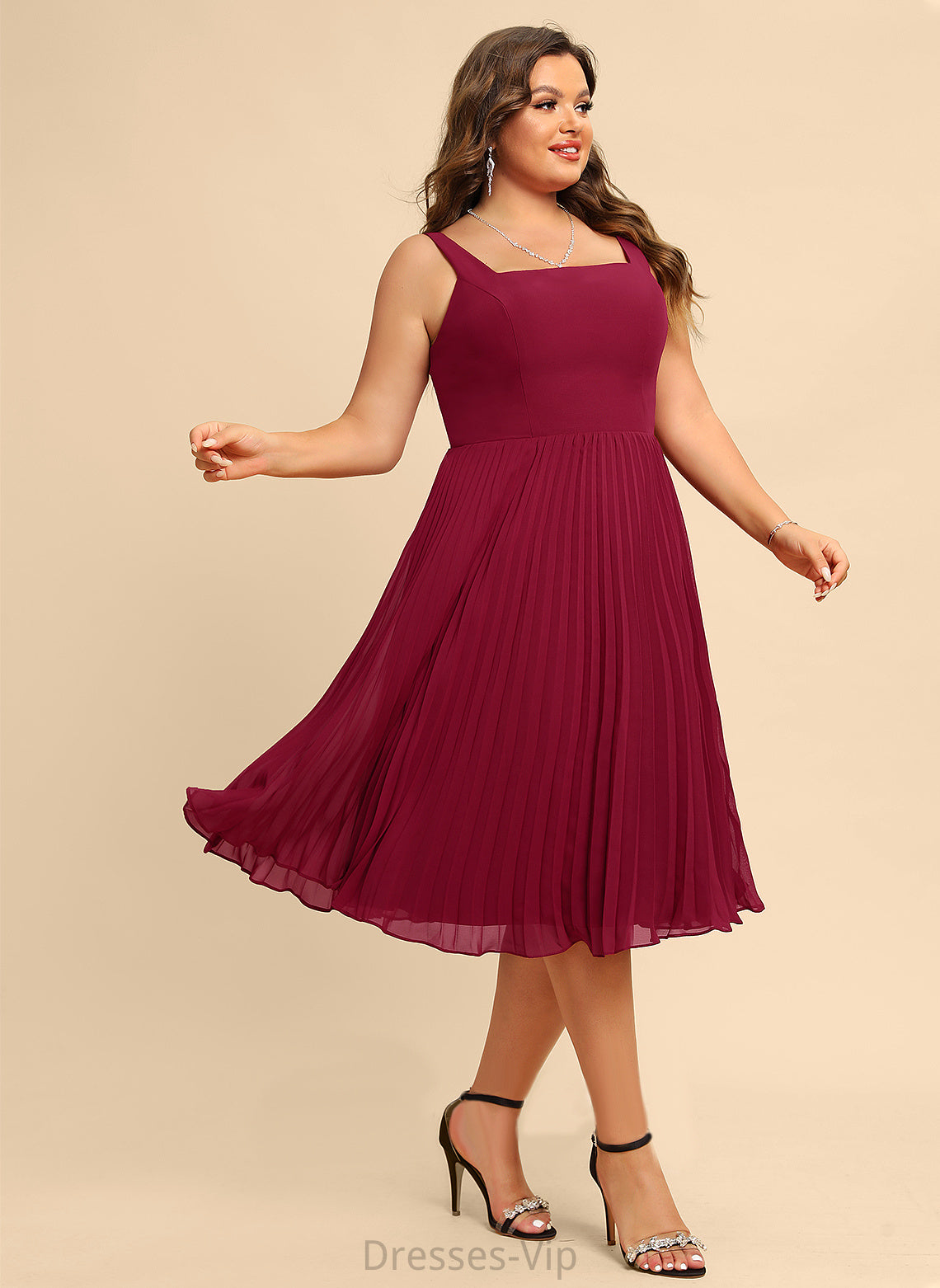 Cora Cocktail Dress A-Line Chiffon Pleated With Neckline Cocktail Dresses Knee-Length Square