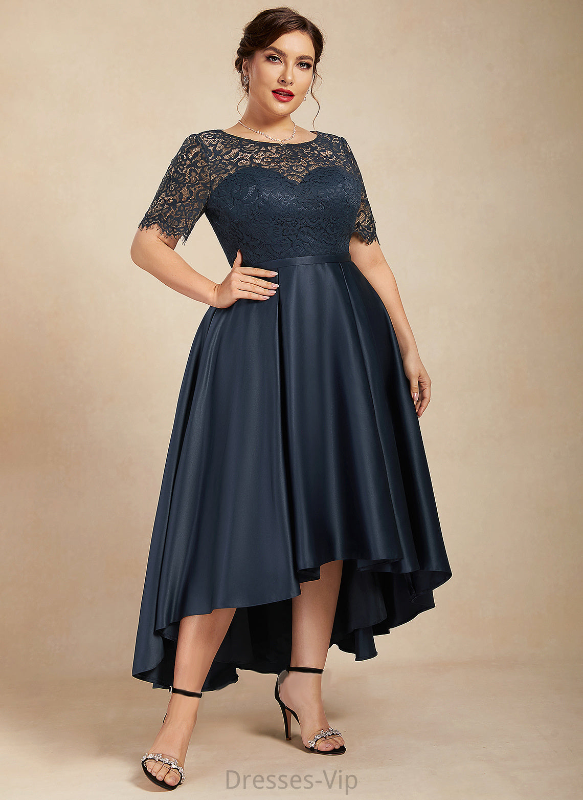 Gemma Satin With A-Line Lace Pockets Cocktail Dresses Dress Scoop Asymmetrical Neck Cocktail