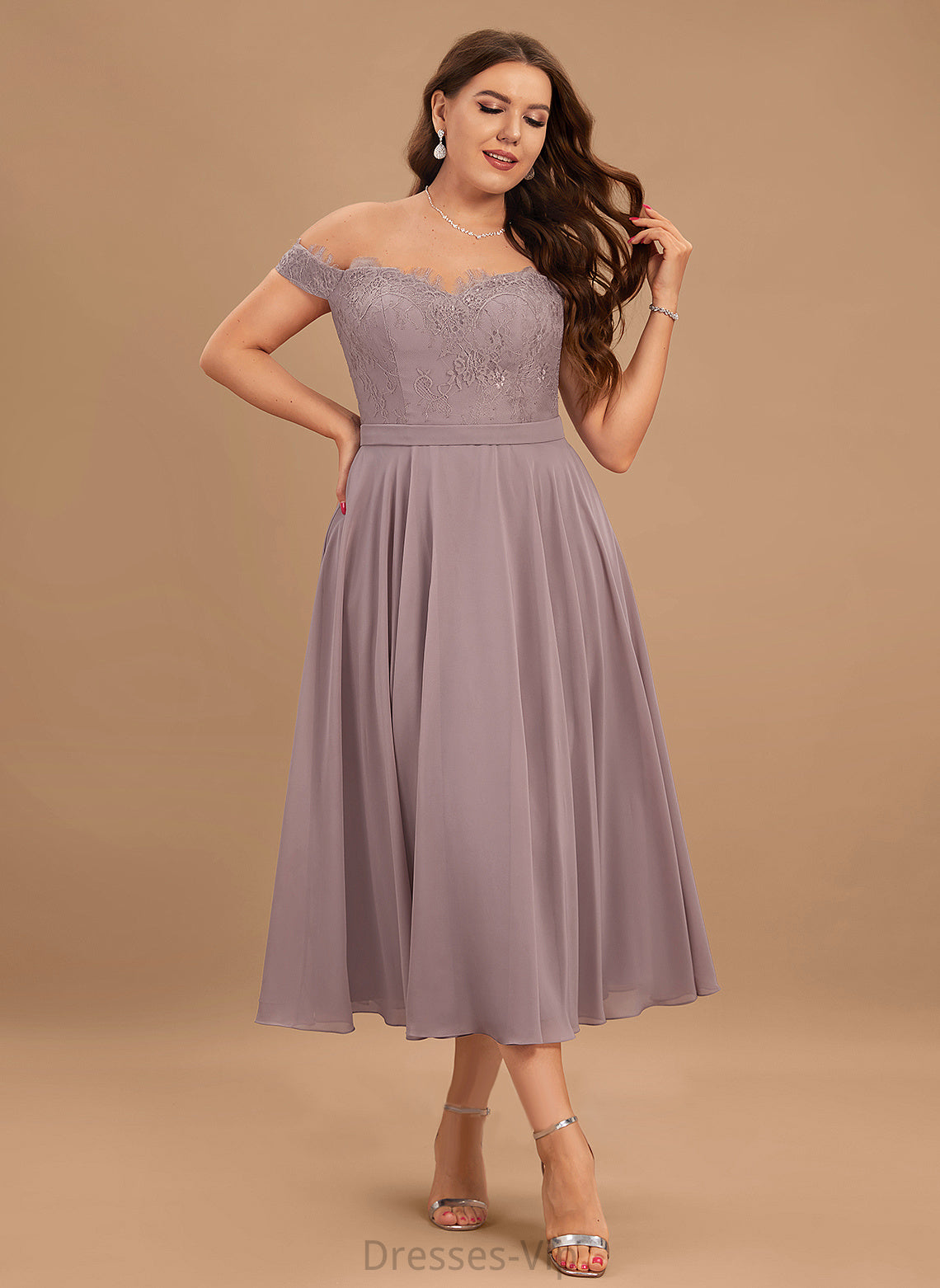 Lace A-Line Fernanda Chiffon Dress Tea-Length Cocktail Dresses Cocktail Beading With Off-the-Shoulder