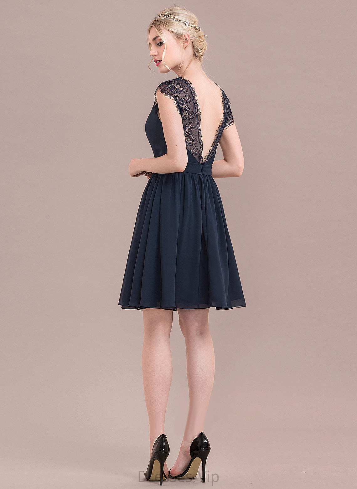 Dress Cocktail Knee-Length Kara Lace Chiffon A-Line V-neck Cocktail Dresses