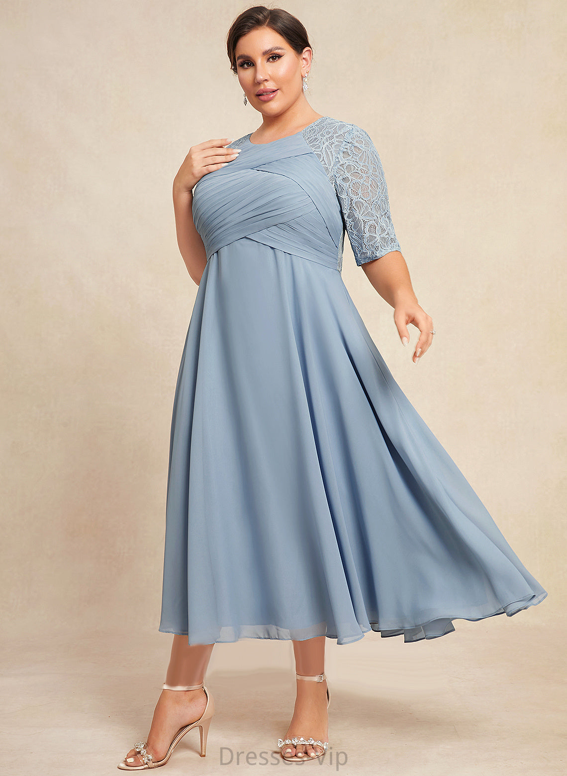 Cocktail Lace Scoop Tea-Length Kianna A-Line Ruffle Dress Cocktail Dresses Neck With Chiffon