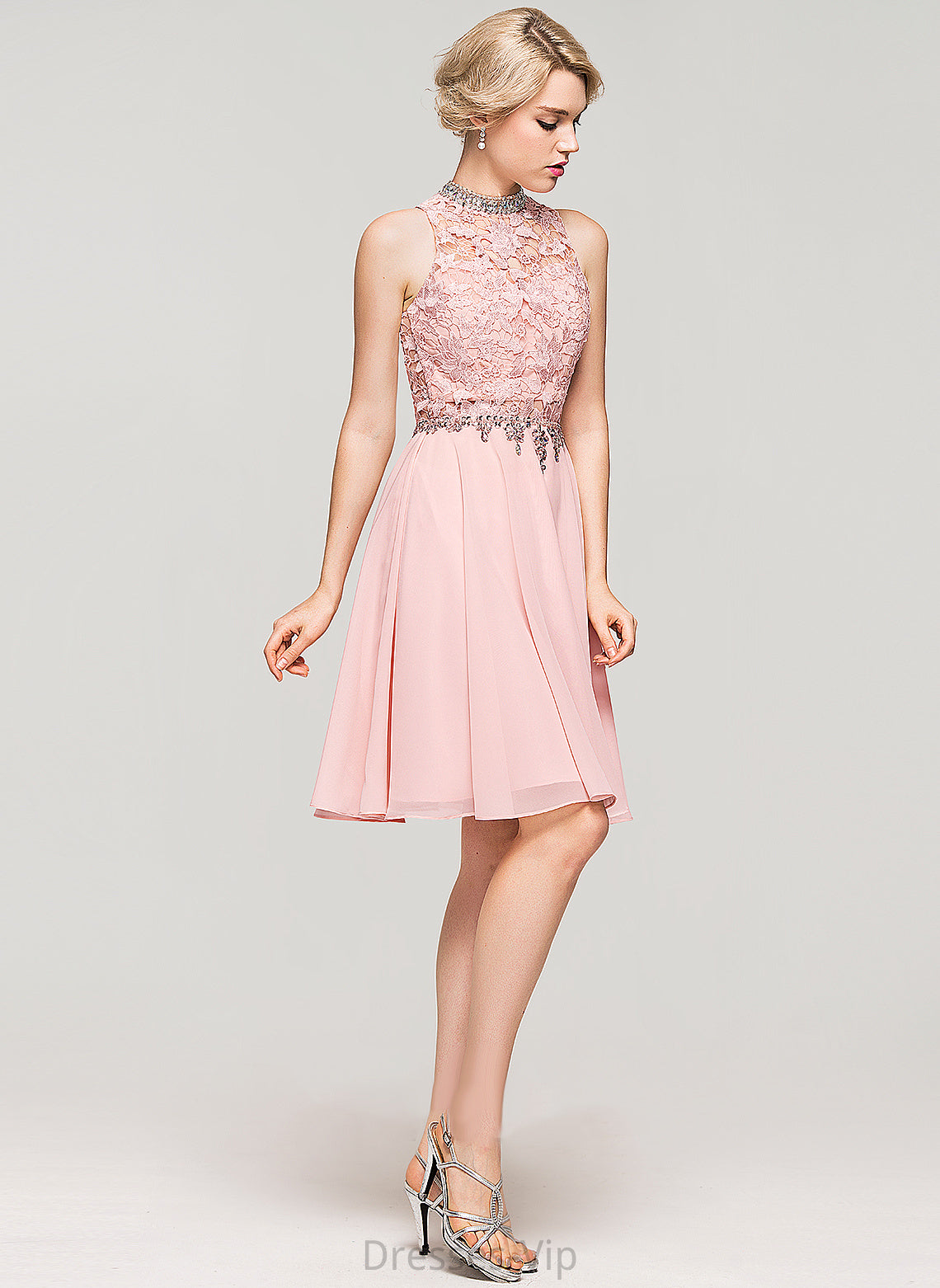 Homecoming Chiffon Neck With High Chelsea Knee-Length A-Line Beading Sequins Homecoming Dresses Lace Dress