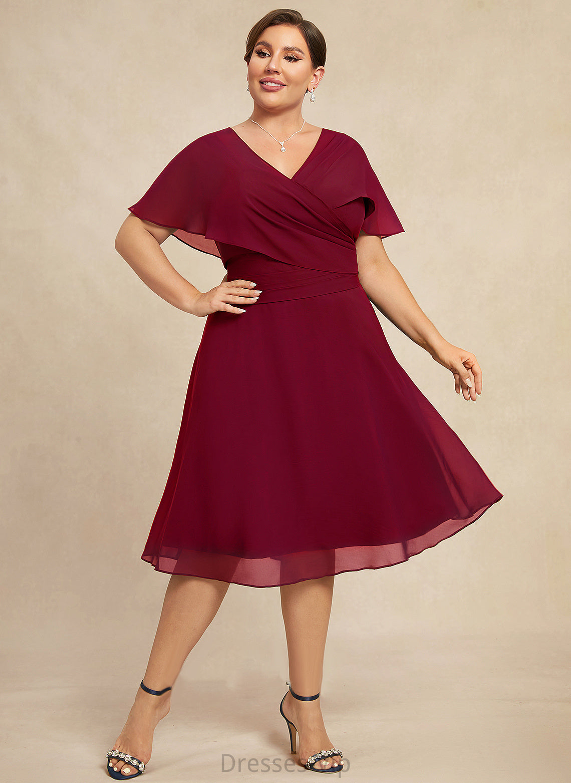 Cocktail Dresses With Knee-Length Gretchen Cocktail Dress A-Line Chiffon V-neck Ruffle