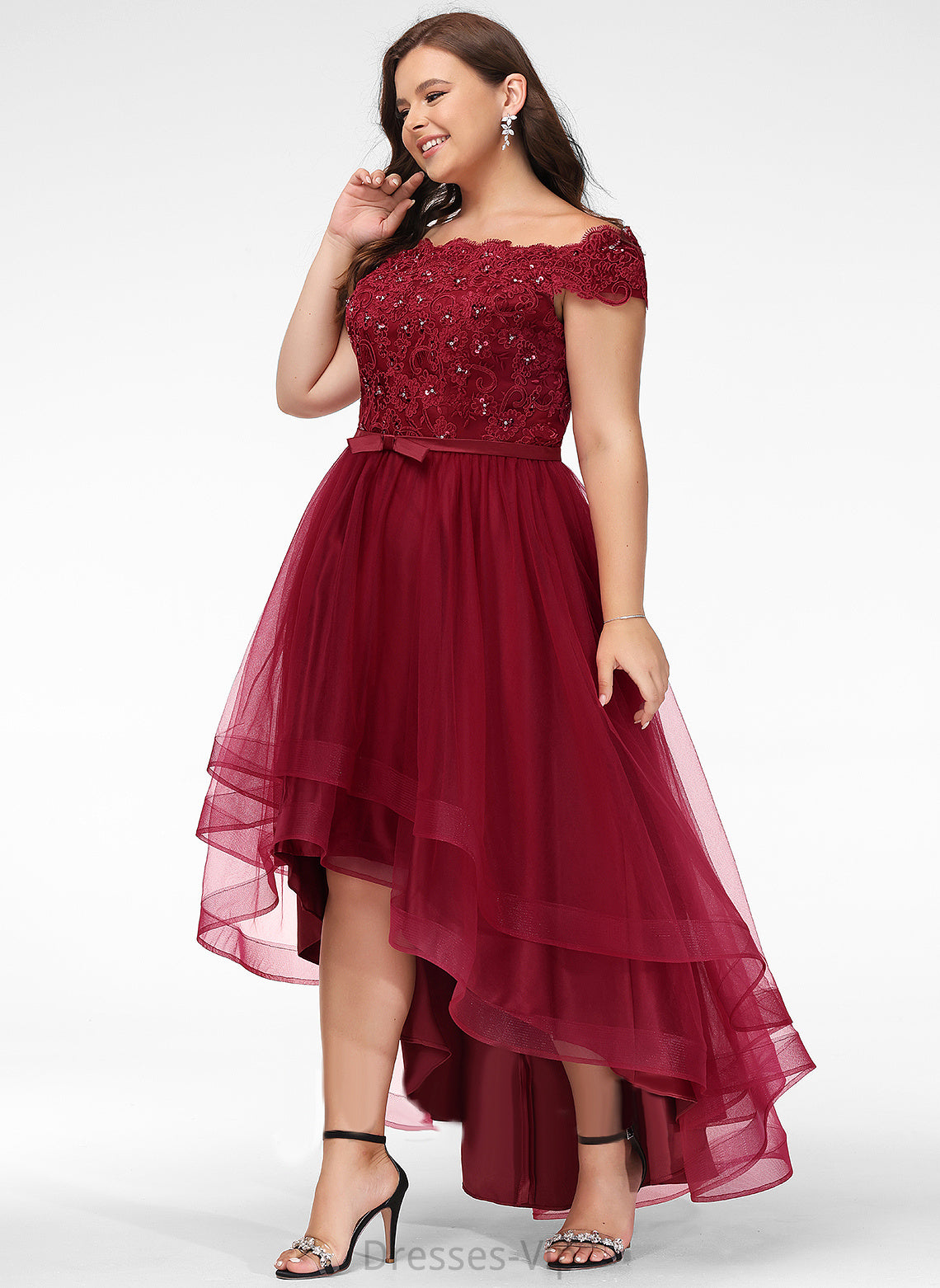 Brylee Off-the-Shoulder Lace Tulle Asymmetrical Bow(s) Beading Dress With Cocktail A-Line Lace Cocktail Dresses