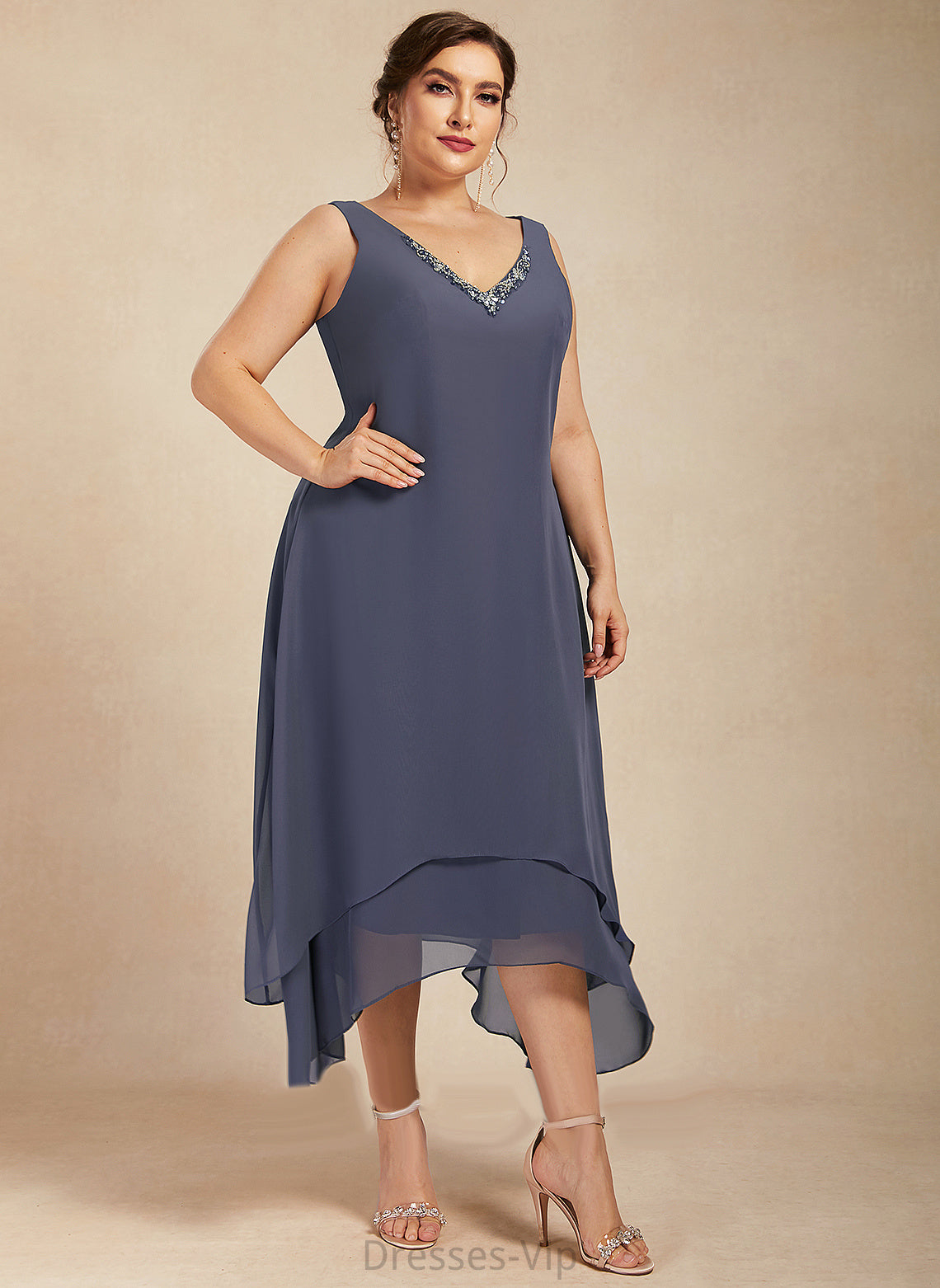 V-neck Cocktail Chiffon Beading Ankle-Length Cocktail Dresses A-Line Elaina Dress With