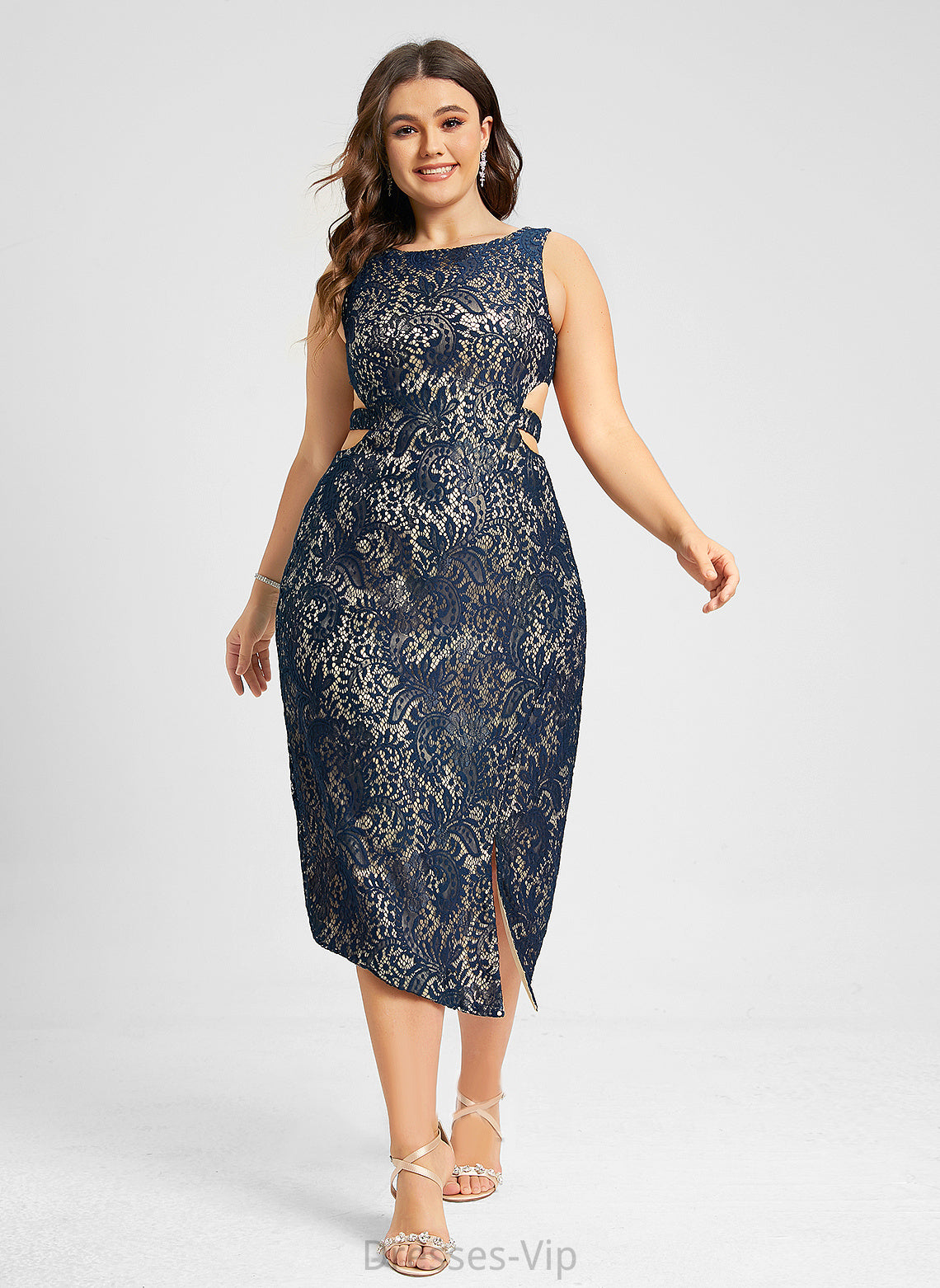 Neck Lace Sheath/Column Kylee Front Tea-Length With Split Dress Cocktail Cocktail Dresses Scoop