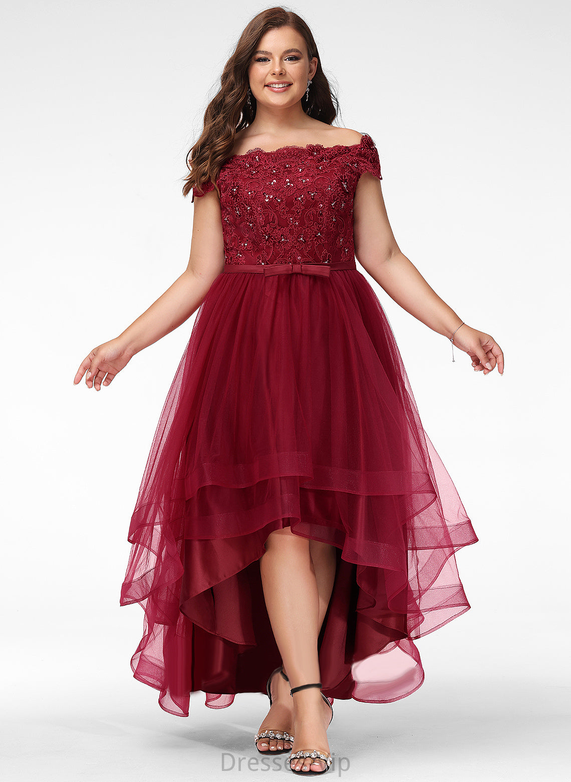 Brylee Off-the-Shoulder Lace Tulle Asymmetrical Bow(s) Beading Dress With Cocktail A-Line Lace Cocktail Dresses