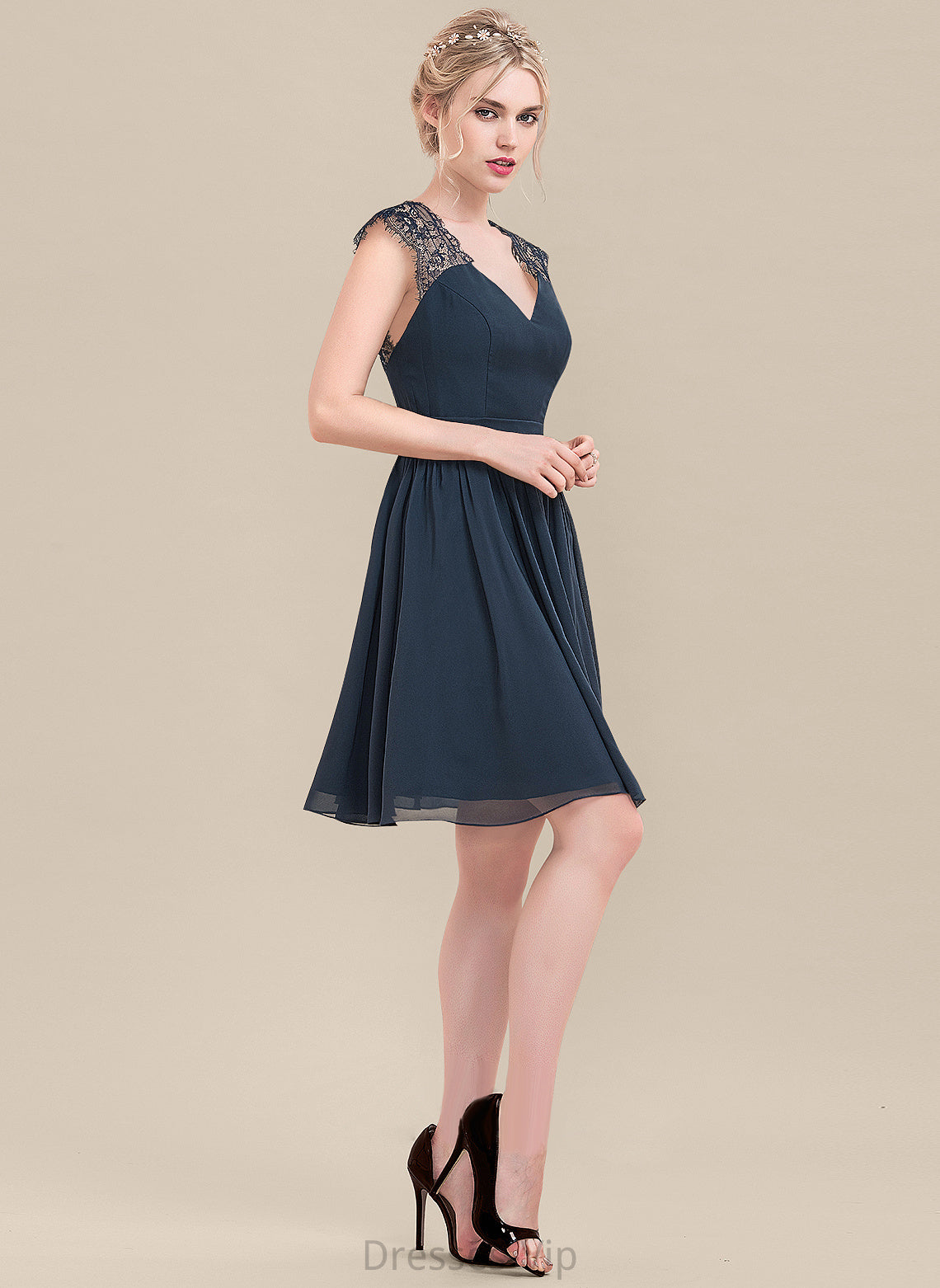 Dress Cocktail Knee-Length Kara Lace Chiffon A-Line V-neck Cocktail Dresses