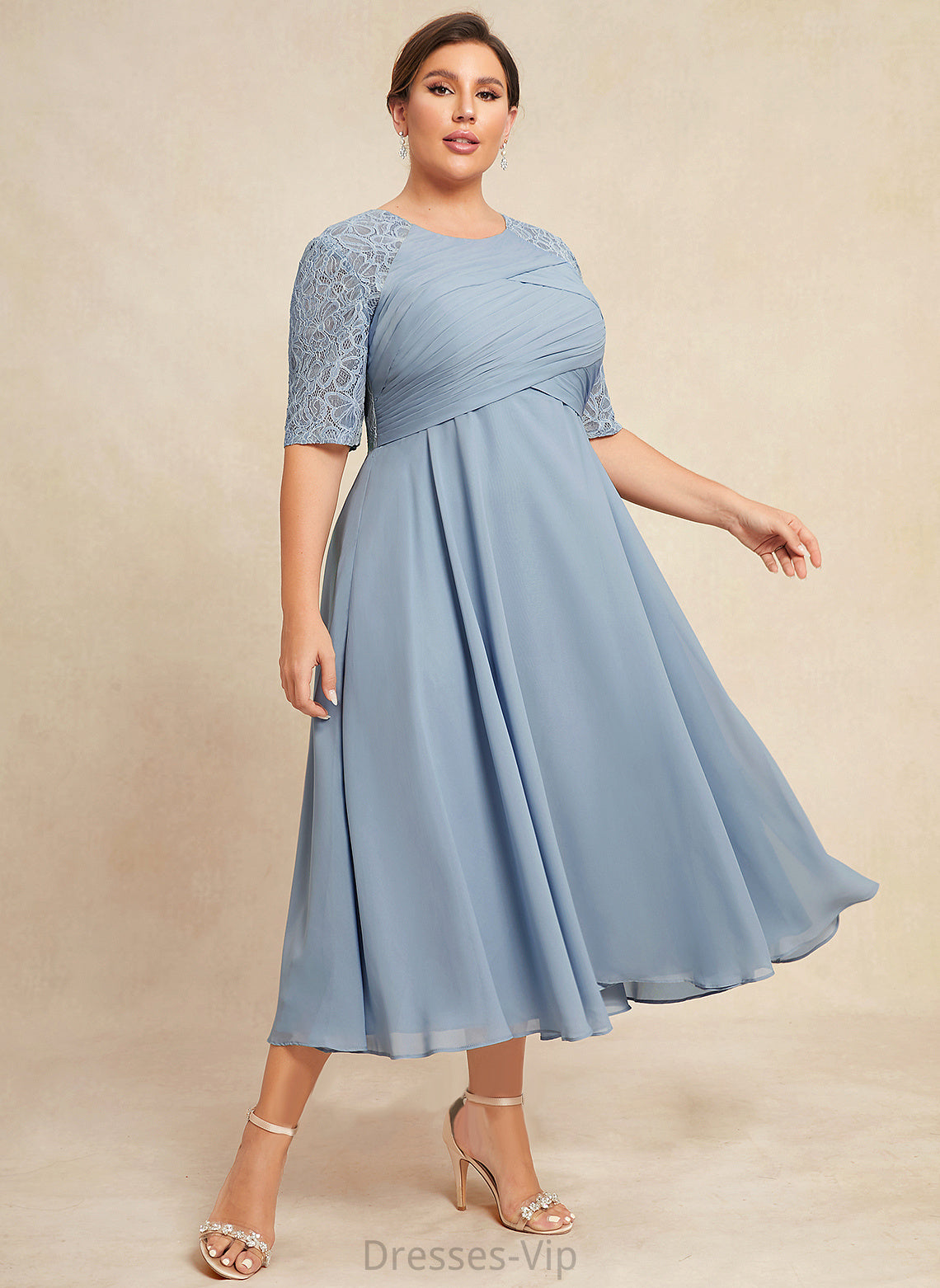 Cocktail Lace Scoop Tea-Length Kianna A-Line Ruffle Dress Cocktail Dresses Neck With Chiffon