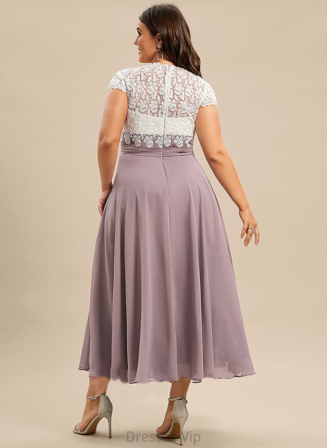 Tea-Length V-neck Nathalia Lace Cocktail Dresses Chiffon A-Line Dress Cocktail