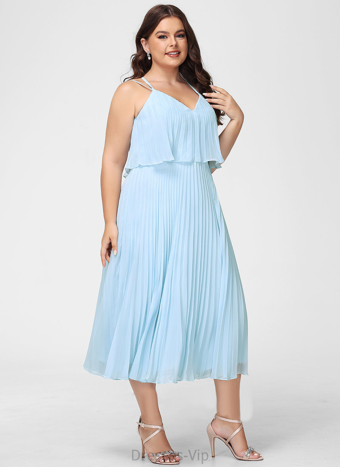 Cocktail Dresses Pleated Chiffon Dress Cocktail With Celia V-neck Tea-Length A-Line