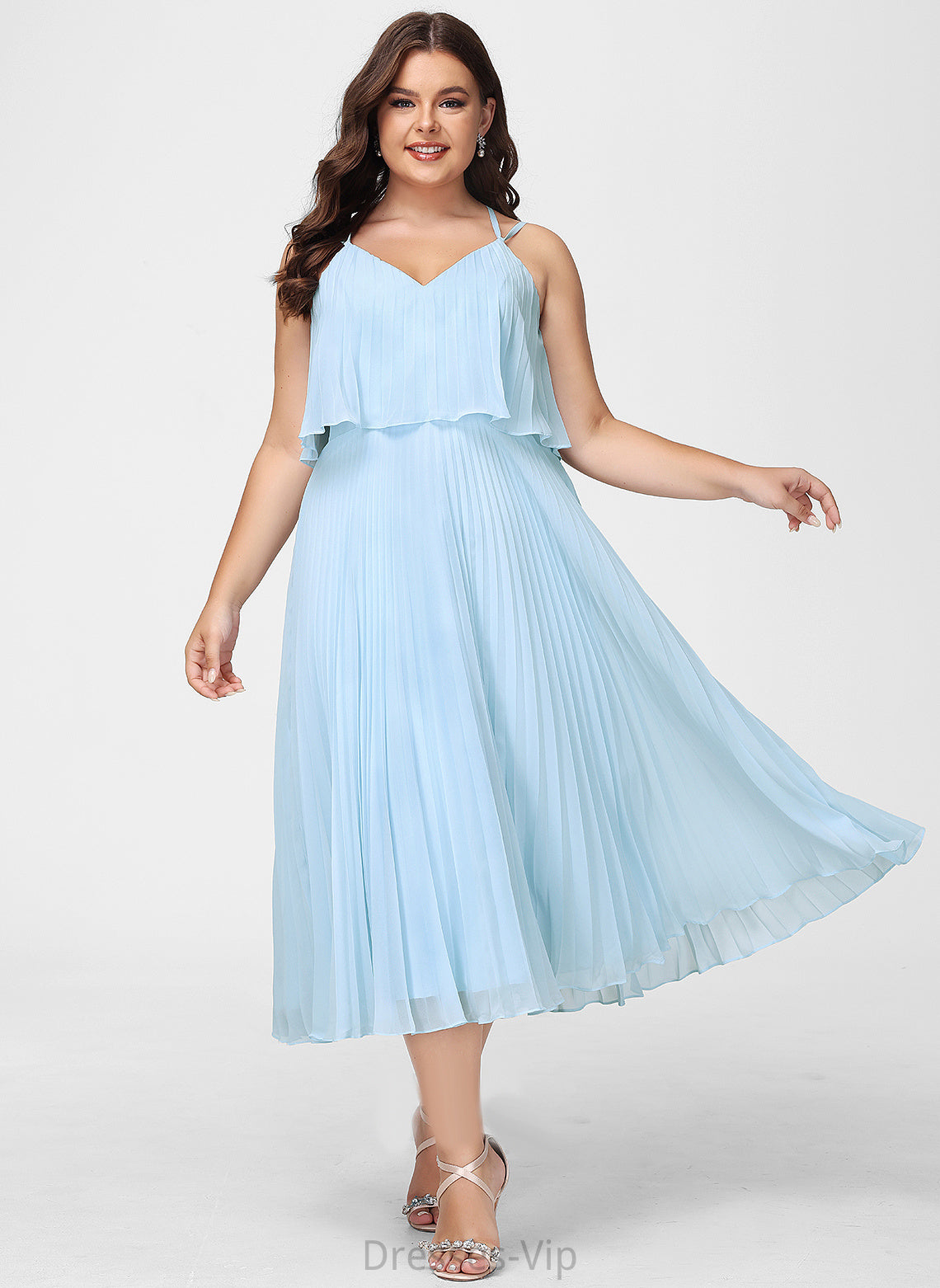 Cocktail Dresses Pleated Chiffon Dress Cocktail With Celia V-neck Tea-Length A-Line