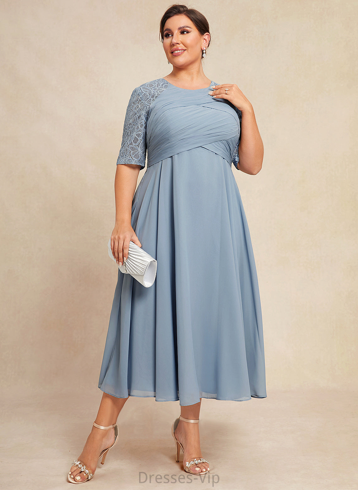 Cocktail Lace Scoop Tea-Length Kianna A-Line Ruffle Dress Cocktail Dresses Neck With Chiffon