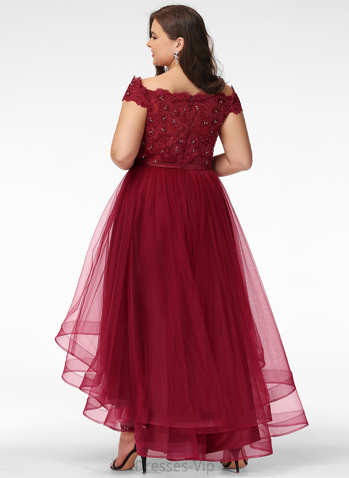 Brylee Off-the-Shoulder Lace Tulle Asymmetrical Bow(s) Beading Dress With Cocktail A-Line Lace Cocktail Dresses