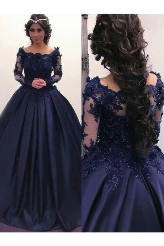 Ball Gown Bateau Long Sleeves Sweep/Brush Train Applique Satin Dresses