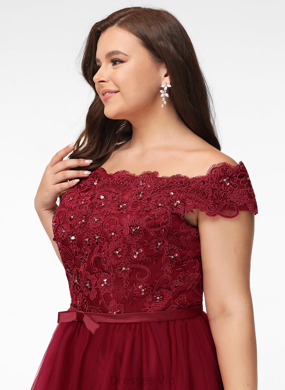 Brylee Off-the-Shoulder Lace Tulle Asymmetrical Bow(s) Beading Dress With Cocktail A-Line Lace Cocktail Dresses