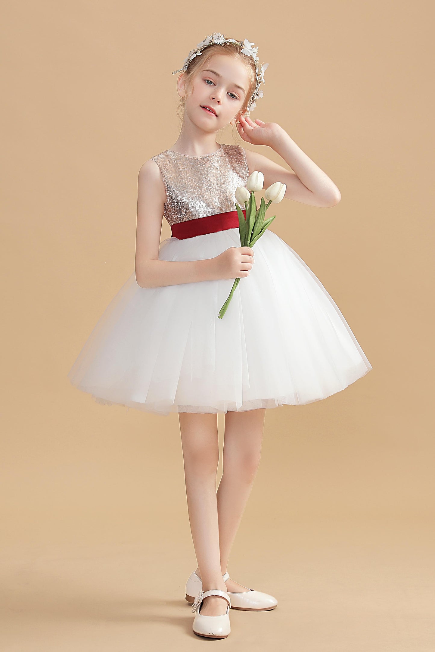 Short Gold Sequins Flower Girl Dresses With White Tulle