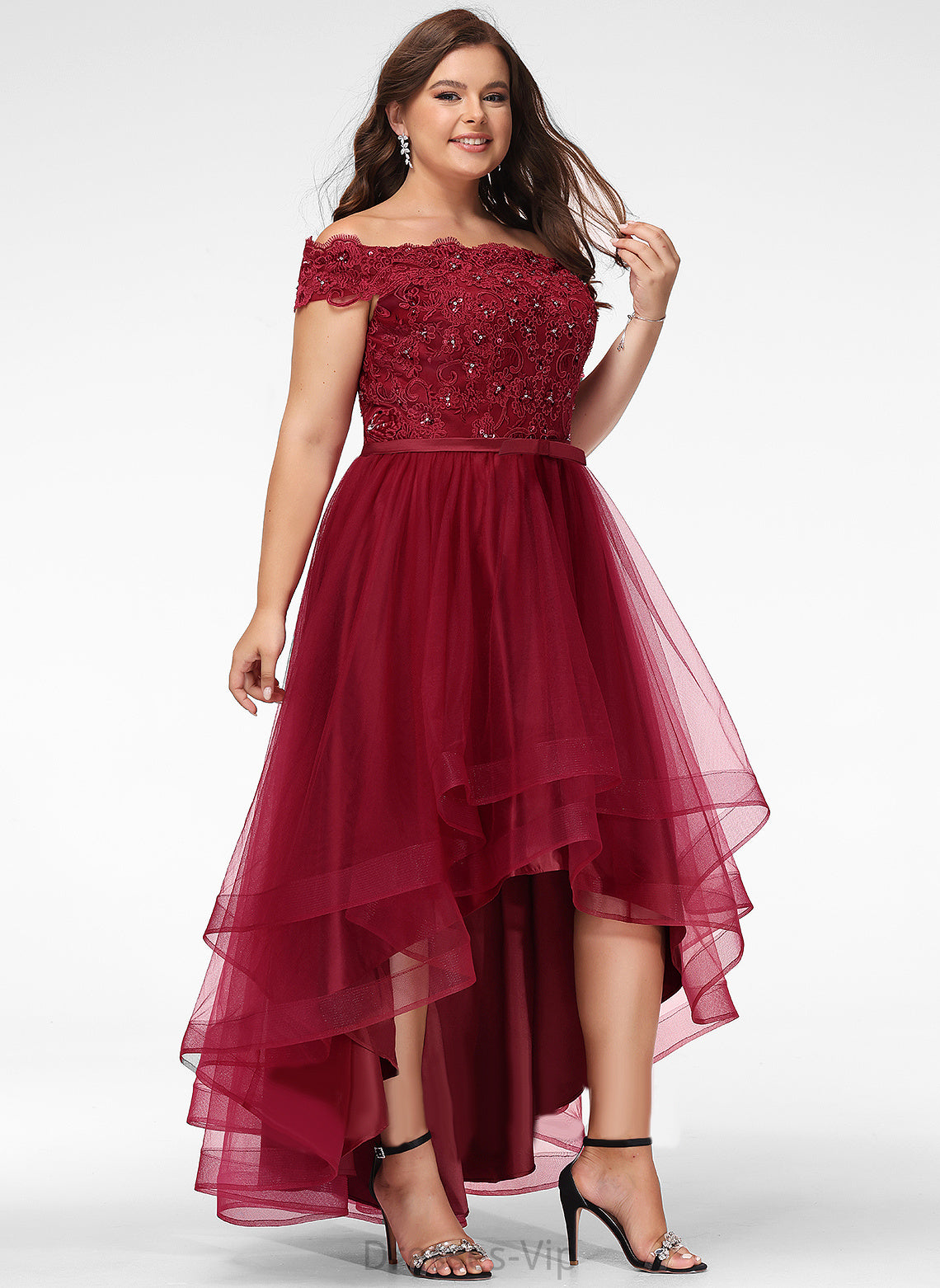 Brylee Off-the-Shoulder Lace Tulle Asymmetrical Bow(s) Beading Dress With Cocktail A-Line Lace Cocktail Dresses