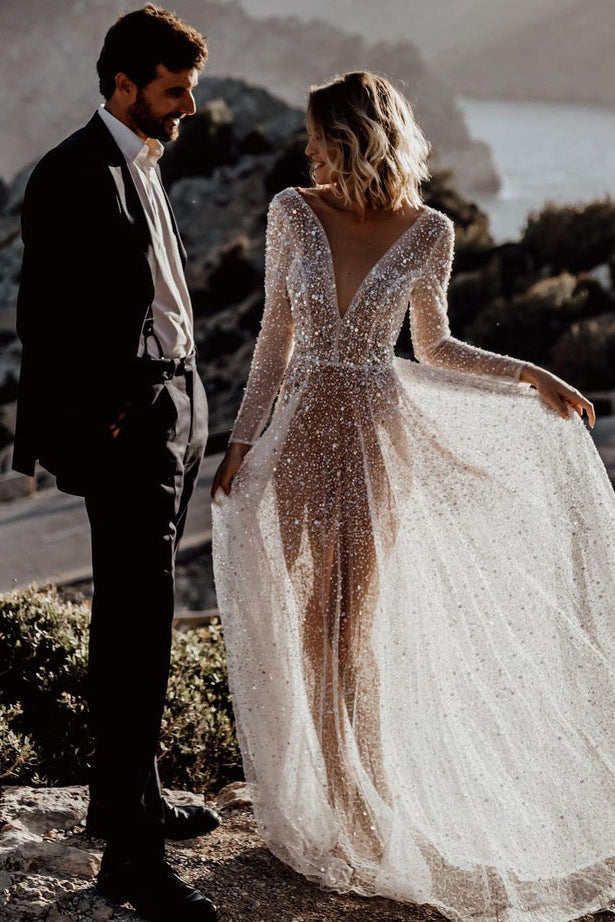 Sparkly V Neck Long Sleeves See Through Sequins Wedding Dresses