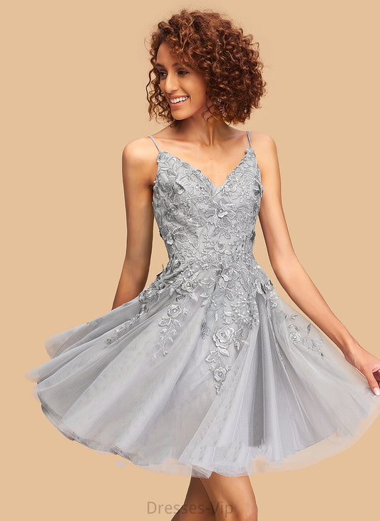 Short/Mini Homecoming Dresses A-Line V-neck Monica Tulle With Lace Dress Homecoming