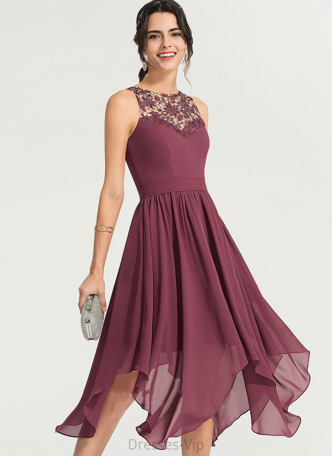 Ashly A-Line Dress Cocktail Scoop Chiffon Asymmetrical Cocktail Dresses Lace Neck