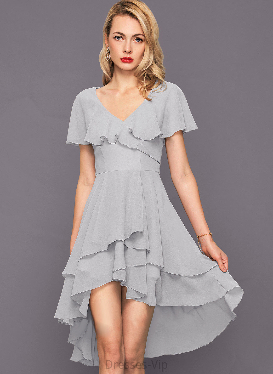 Chiffon Julie V-neck Ruffles With Cocktail Cocktail Dresses Asymmetrical Cascading Dress A-Line