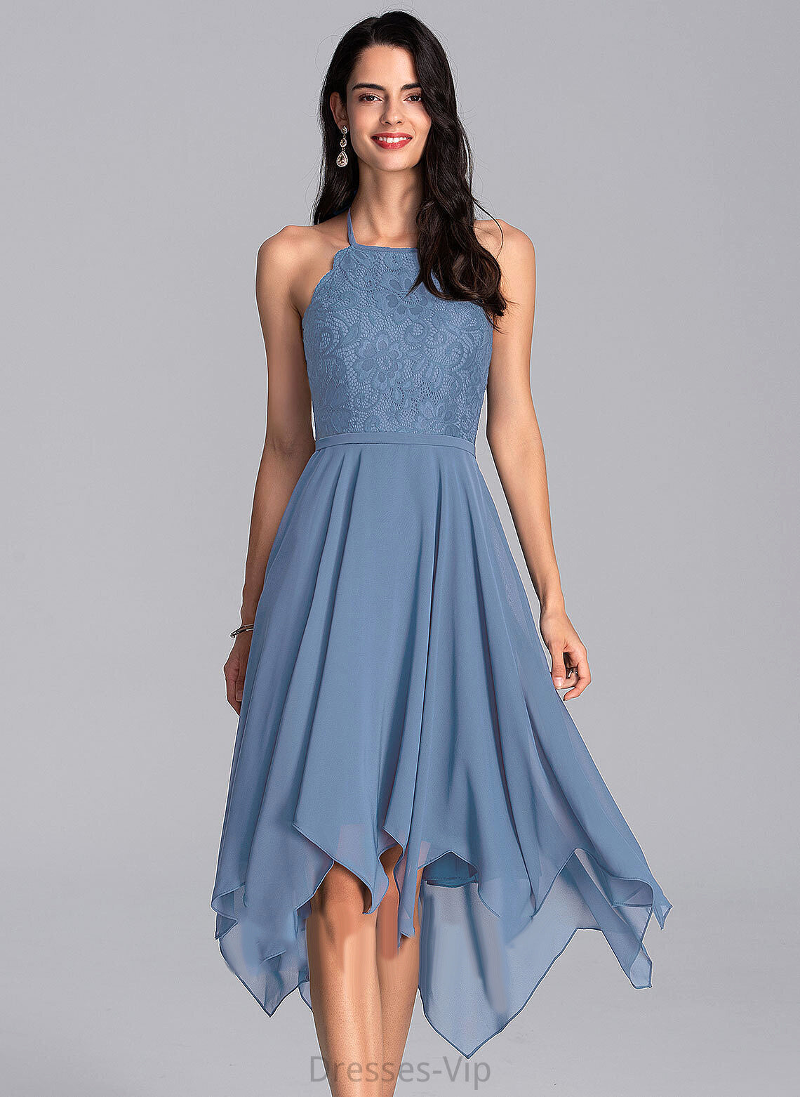 Asymmetrical A-Line Halter With Chiffon Dress Lace Homecoming Haylee Homecoming Dresses