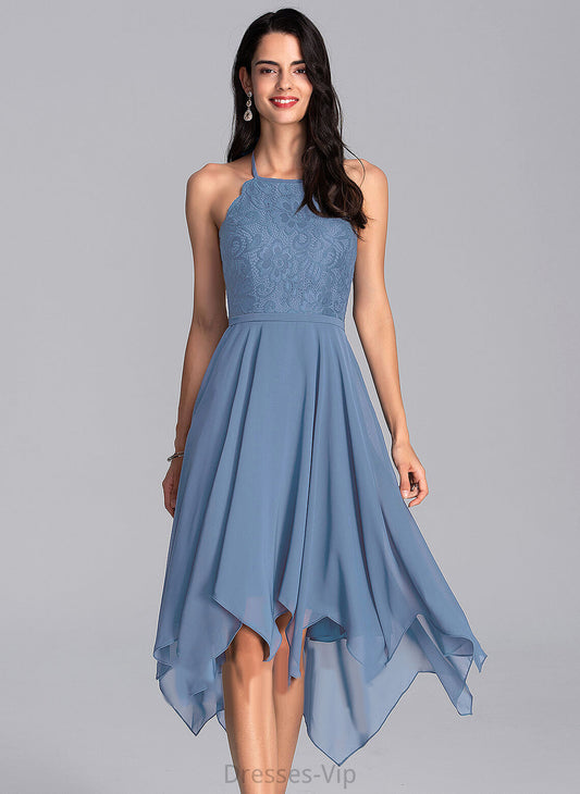 Asymmetrical A-Line Halter With Chiffon Dress Lace Homecoming Haylee Homecoming Dresses