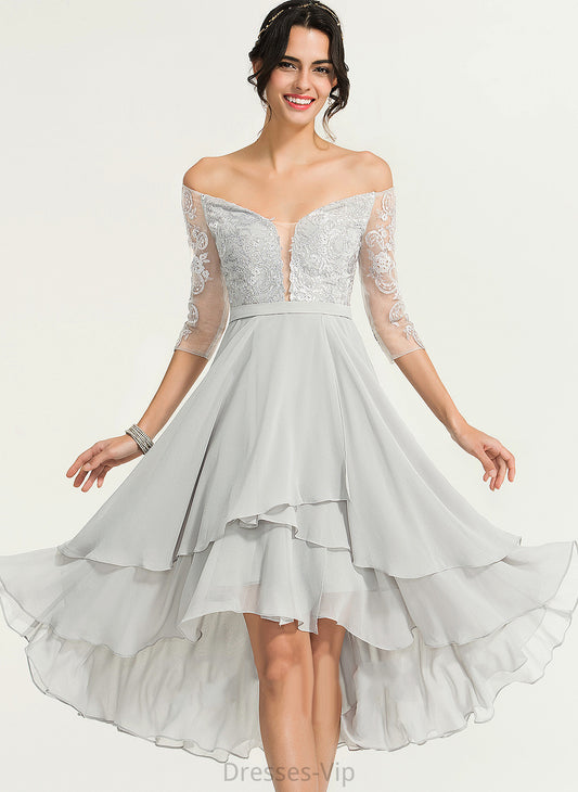 A-Line Cocktail Cocktail Dresses Beading Dress Chiffon With Lace Lindsay Asymmetrical Off-the-Shoulder