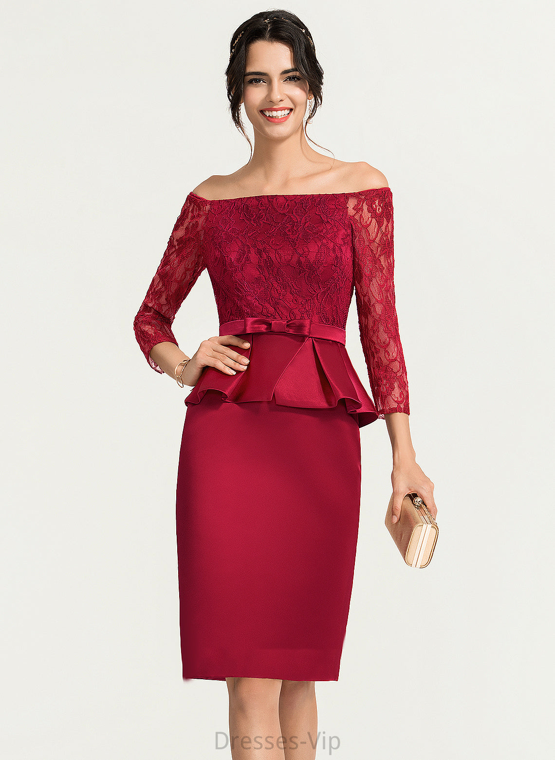 Cocktail Dresses Knee-Length Lace Josie Cocktail Dress Sheath/Column Satin Off-the-Shoulder