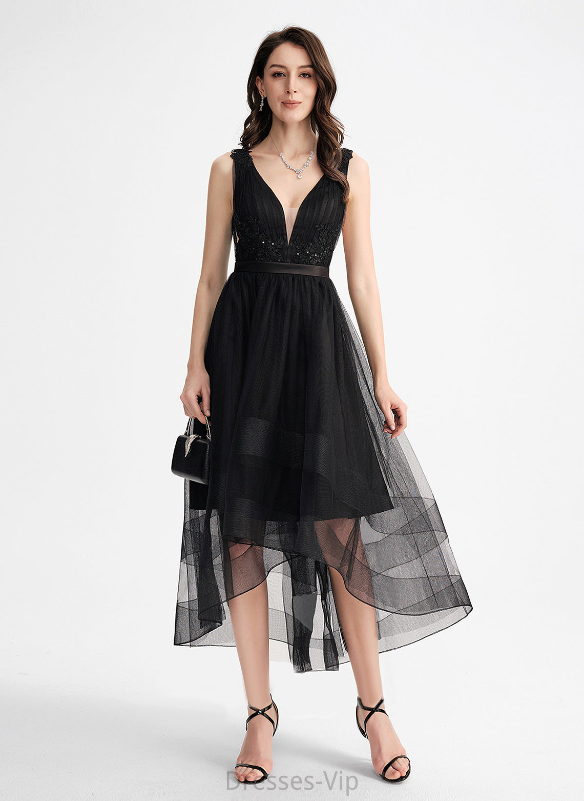 With Asymmetrical A-Line Tulle Cocktail Dress Cocktail Dresses Daisy Sequins Lace V-neck