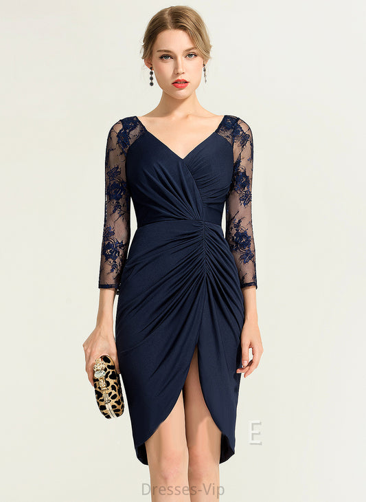 Lace Jersey V-neck Cocktail Dresses Dress With Cocktail Sheath/Column Heidy Ruffle Asymmetrical