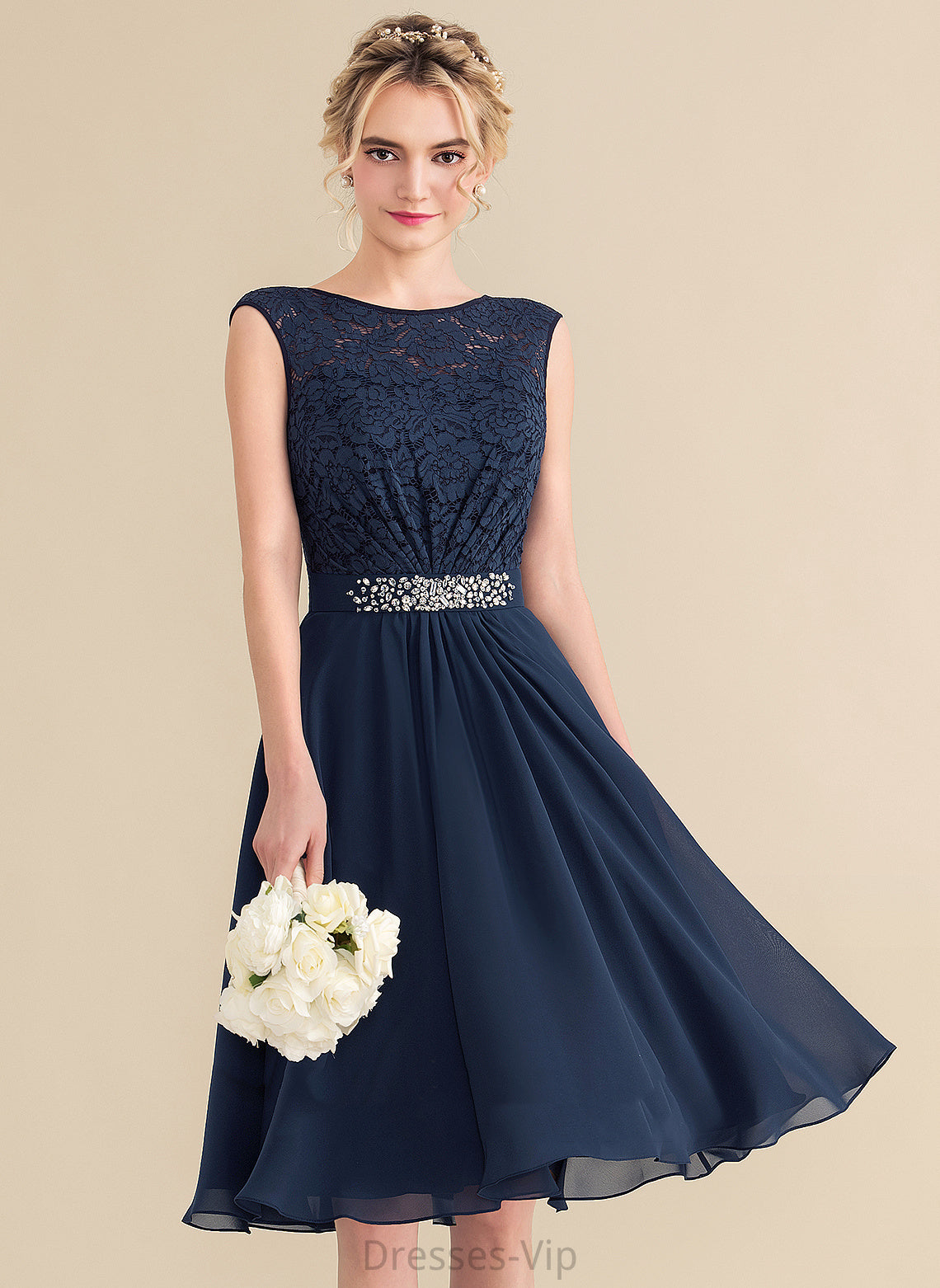 Lace Homecoming Dresses Bow(s) Beading With Dress Lace Neck Homecoming A-Line Chiffon Scoop Knee-Length Cristal