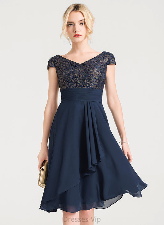 Jayden Cascading Knee-Length V-neck Dress Ruffles A-Line Chiffon With Lace Cocktail Cocktail Dresses