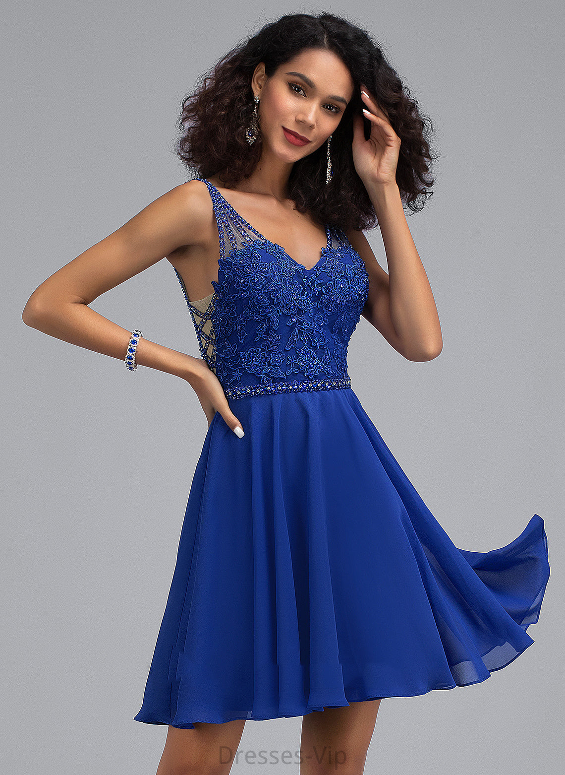 V-neck Chiffon Catalina Short/Mini Beading A-Line Homecoming Homecoming Dresses Lace Dress With