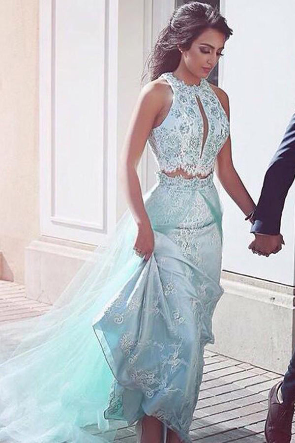 Mint Green Two Piece A Line Sweep Train Halter Appliques Prom Dresses