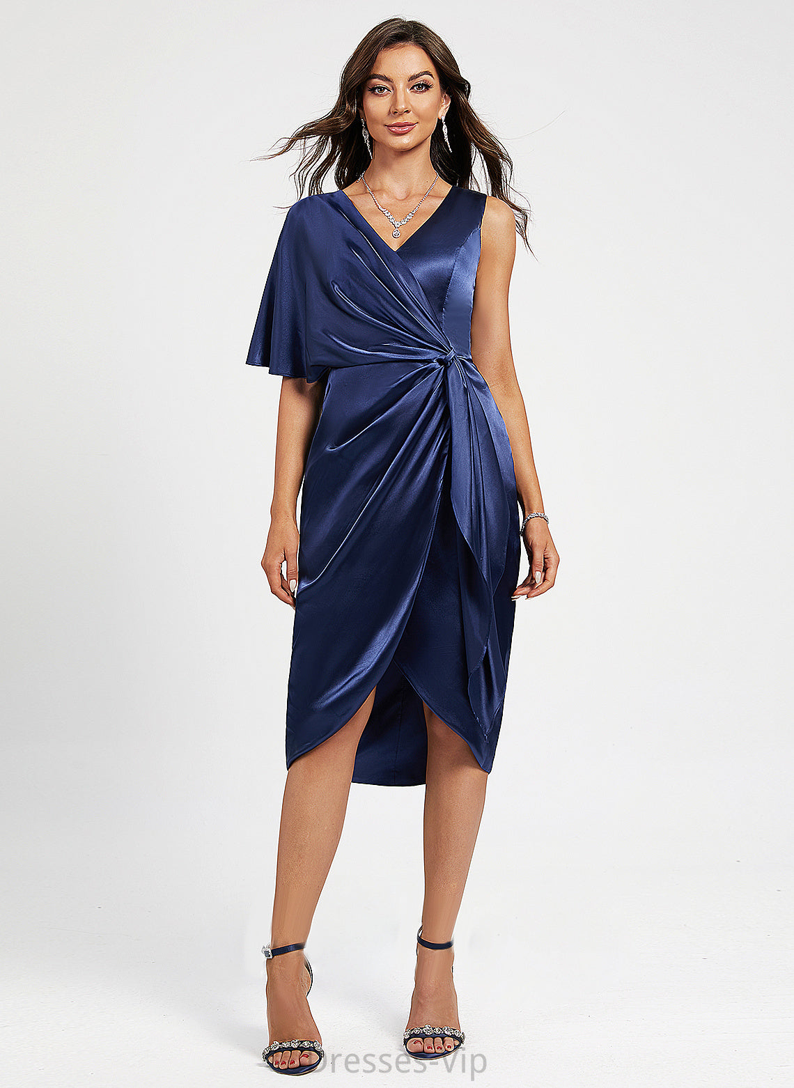 Asymmetrical V-neck With Charmeuse Sheath/Column Cocktail Dresses Front Pleated Cocktail Lesly Split Dress