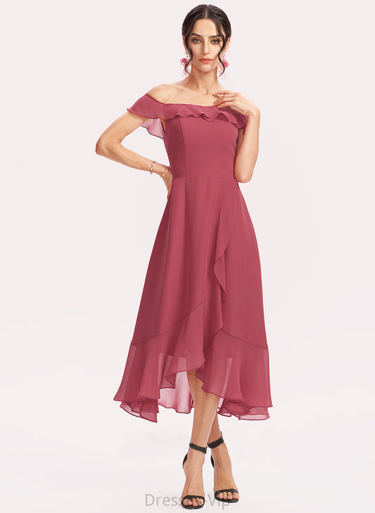 Cocktail Tea-Length Cocktail Dresses A-Line Ruffles Off-the-Shoulder Chiffon Cascading With Dress Renata