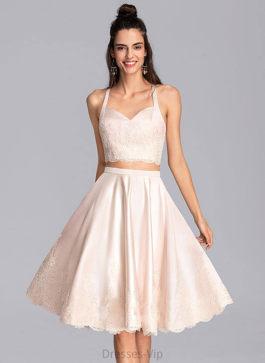 A-Line With Homecoming Dress Genevieve Homecoming Dresses Satin Knee-Length Lace Sweetheart