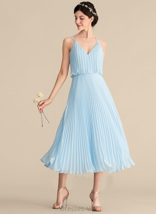 Cocktail Dresses Pleated Chiffon Dress Cocktail With Celia V-neck Tea-Length A-Line