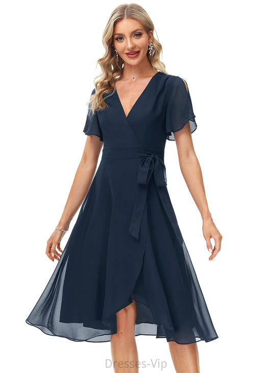 Kadence Sash Dress A-Line Chiffon V-neck Cocktail Dresses Knee-Length Cocktail With