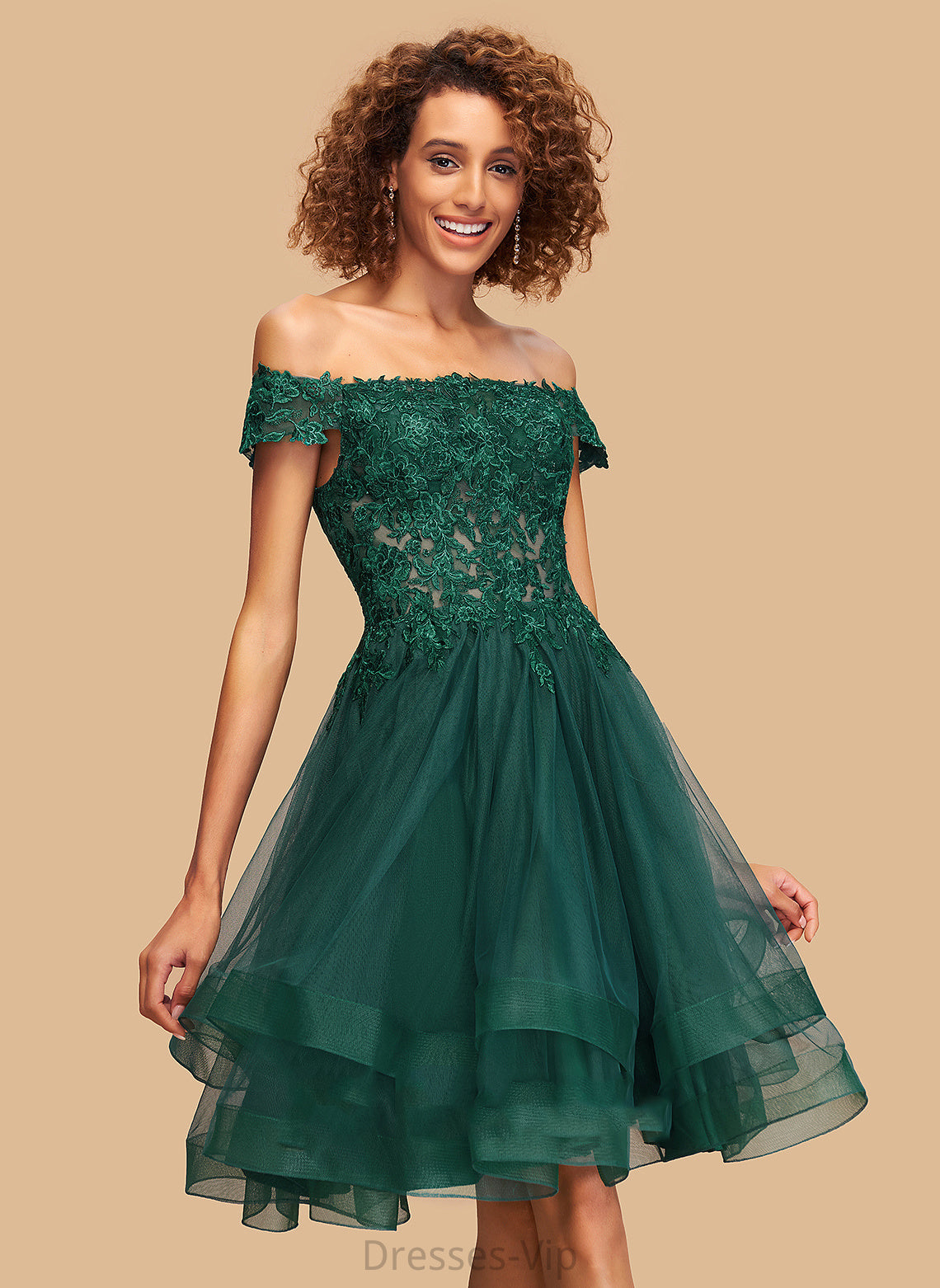 Homecoming Dresses Clarissa Off-the-Shoulder Knee-Length With Lace Tulle Dress Homecoming A-Line