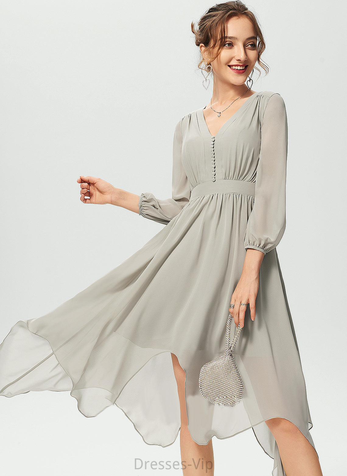 Juliana Cocktail Chiffon With Asymmetrical Cocktail Dresses Ruffle V-neck Dress A-Line