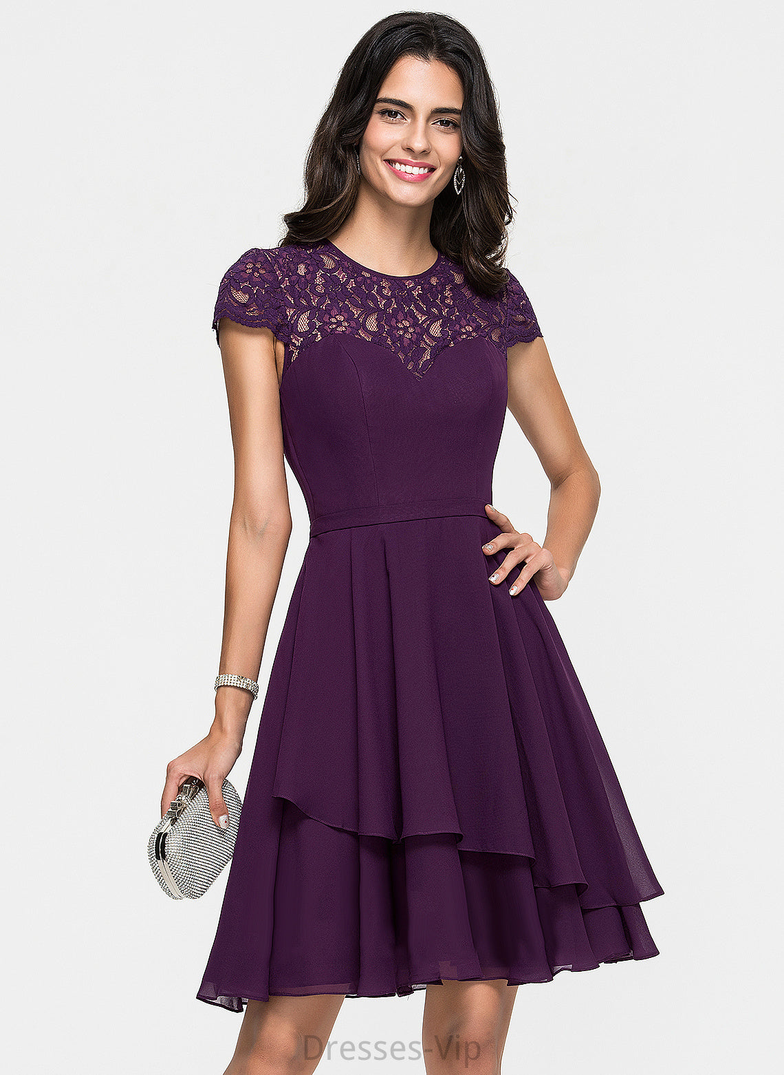 A-Line Homecoming Ruffles Homecoming Dresses Dress With Lace Scoop Knee-Length Neck Cascading Chiffon Pearl