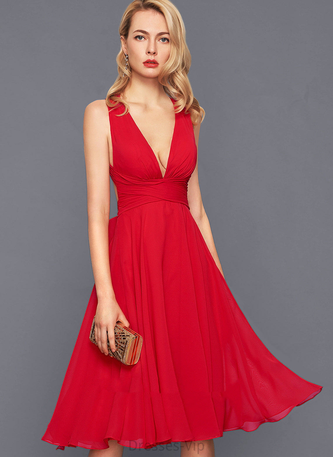 Cocktail A-Line Bow(s) V-neck Genesis Cocktail Dresses Dress Knee-Length Chiffon With Ruffle