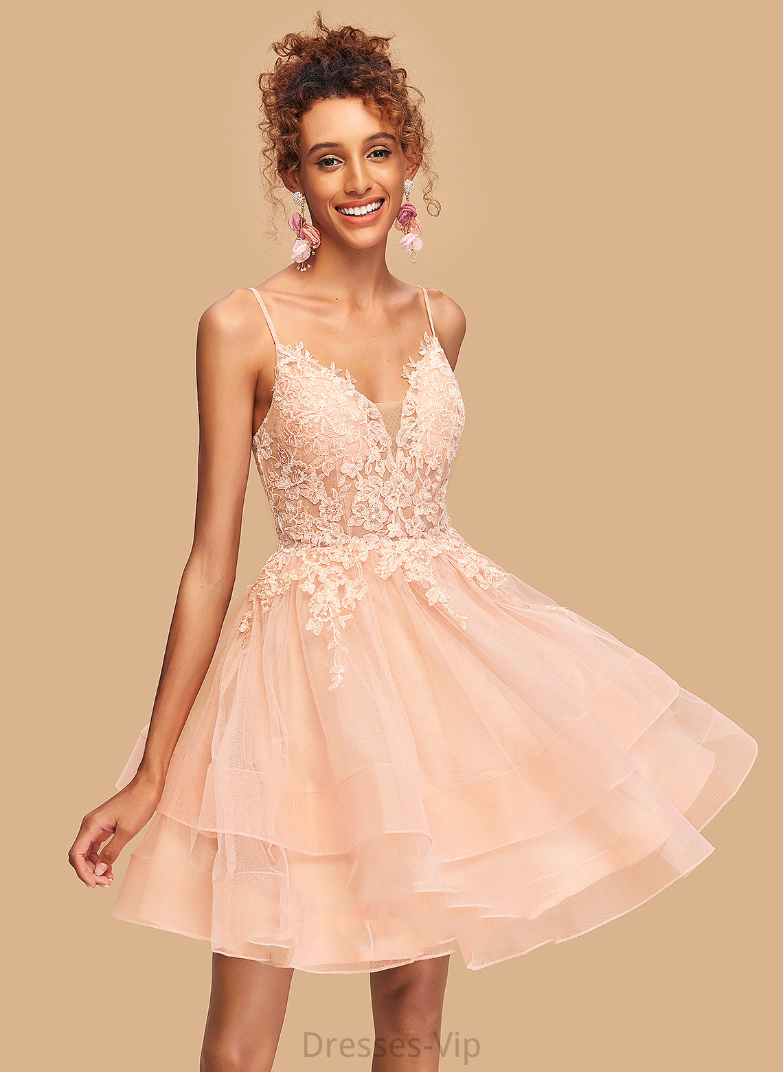 Homecoming Lace V-neck Short/Mini A-Line Homecoming Dresses Emilia Tulle With Dress