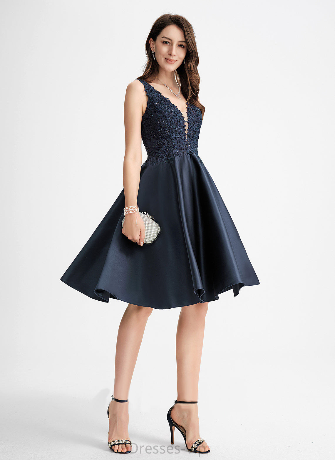 Dress V-neck Homecoming Knee-Length With Makena Satin A-Line Lace Homecoming Dresses Beading