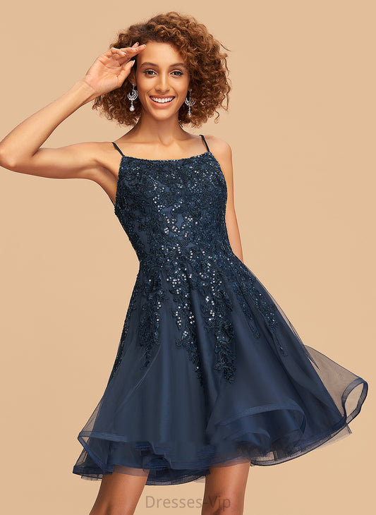 Homecoming Dresses Homecoming Neckline Beading With Tulle Dress Short/Mini Lace Presley Square A-Line Sequins