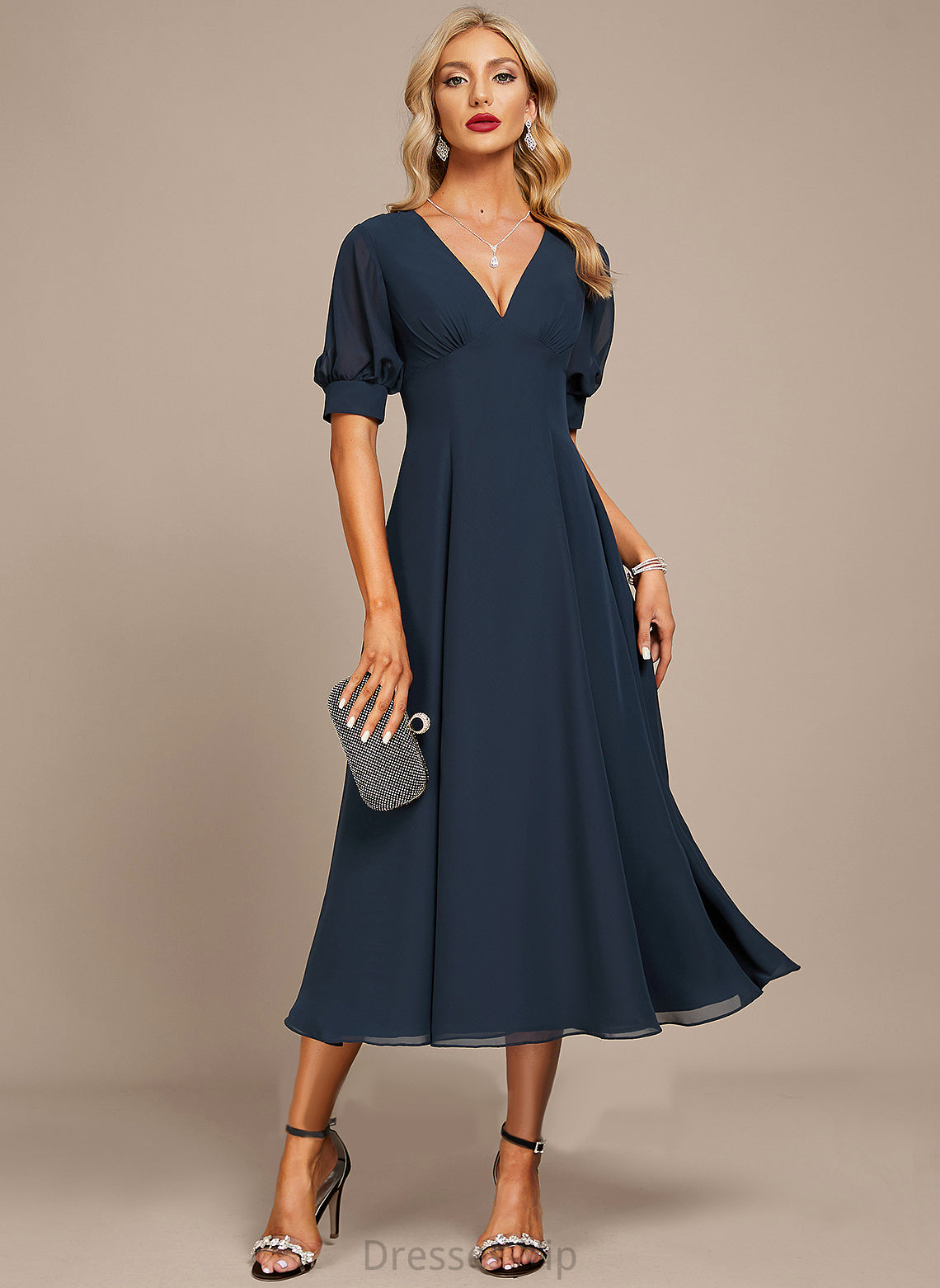 A-Line Mavis V-neck Cocktail Ruffle Tea-Length Chiffon With Cocktail Dresses Dress